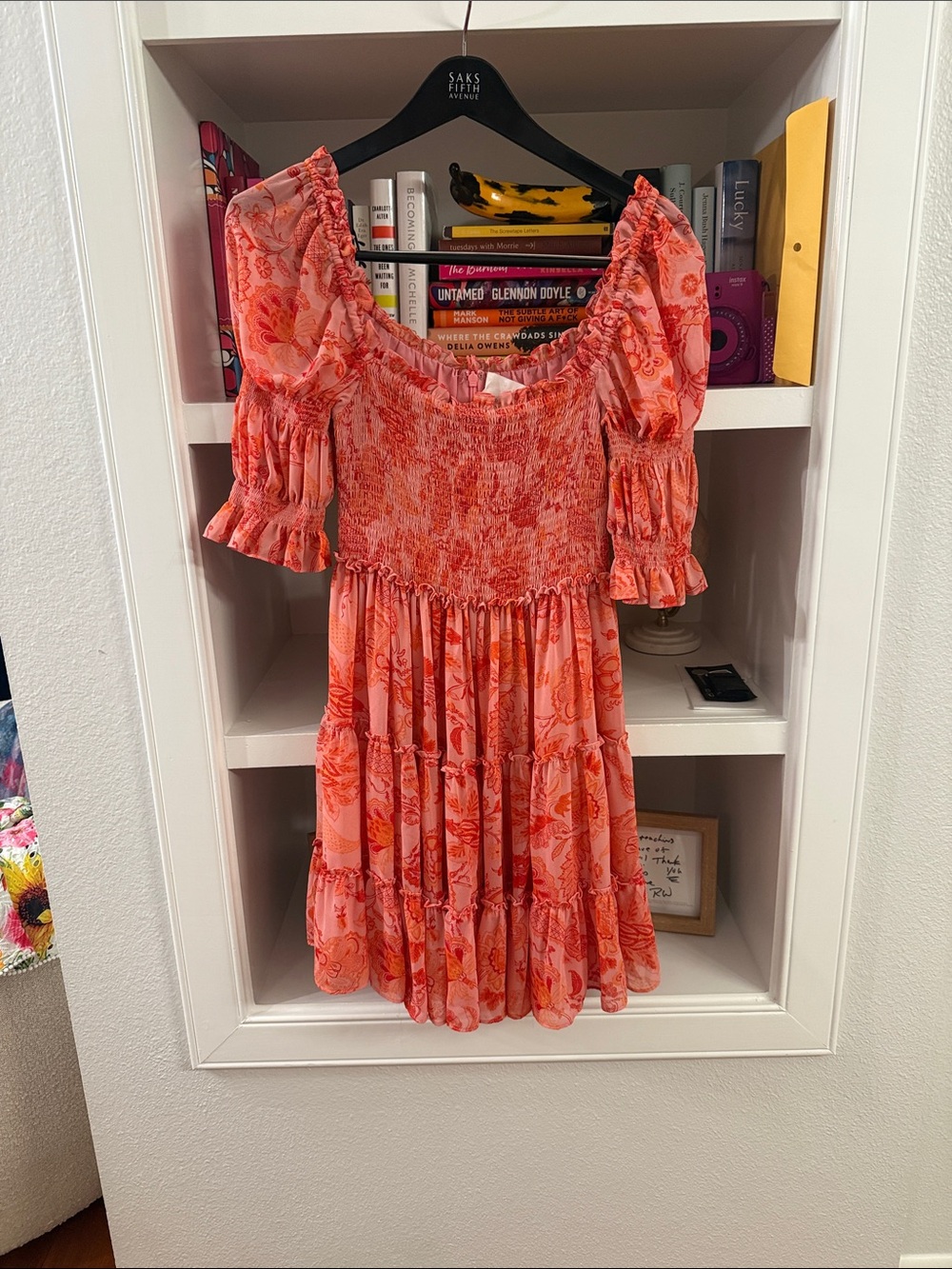 Saks Fifth Avenue Coral-Pink Floral Tiered Smocked Dress